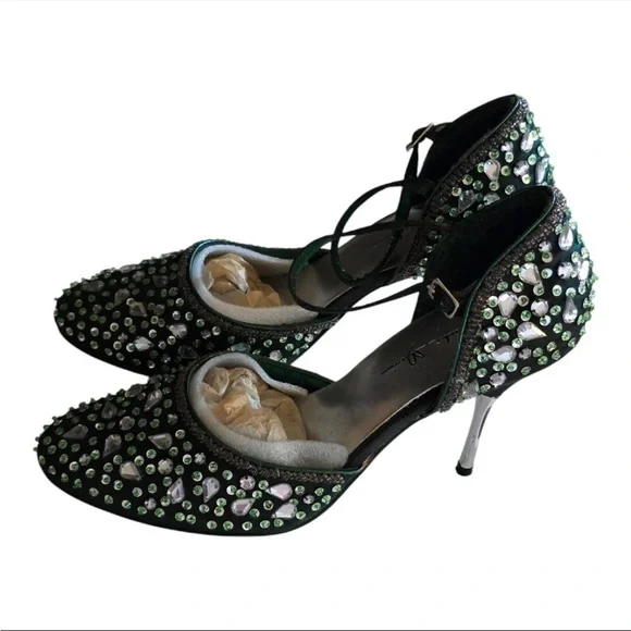 Marichi Mani Pump Heels Women 8.5 Green Metallic Rhinestone Stiletto New - Picture 3 of 15